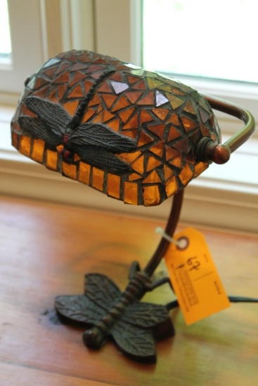 Cast Metal Dragonfly Desk Lamp w/ stained glass shade