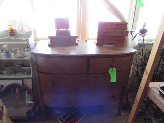 Antique Oak 4-Drawer Bow Front Dresser and (2) jewelry boxes