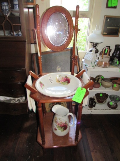 Oak Mirror Back Washstand w/ Pitcher & Basin