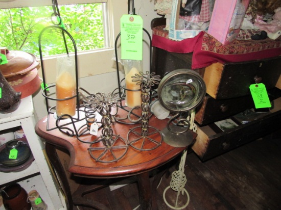 Sculpted Mahogany Stand w/ Iron Candle Holders