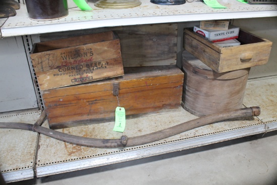 Vintage Scythe & Assorted Wooden Boxes