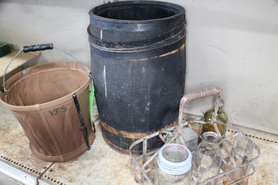 Assorted Glass Milk Bottles and Crate, Folding bucket, Wooden Barrel