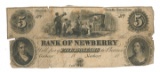 Bank of Newberry, South Carolina $5.00 Currency, not serialized or dated