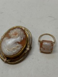 Antique Unmarked Yellow Gold Ring with Cameo & Cameo Brooch