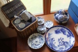 Wicker Tea Caddy & Blue & White China