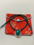 Malachite Bead Necklace with Silver Mounted Pendant