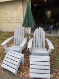 (2) Adirondack Chairs w/ Footrests & Shade Umbrella