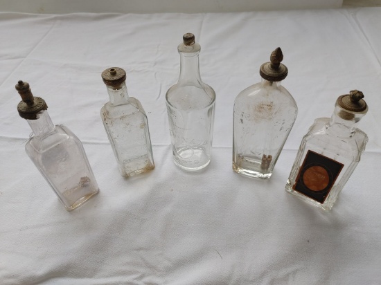 (5) Barber Bottles with Crown Stoppers