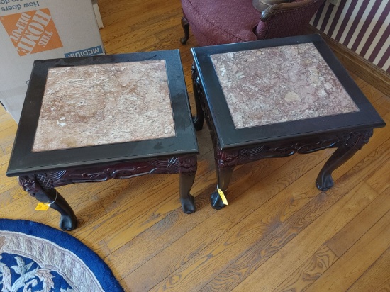 Pair of Carved End-Tables with Marble Inlays