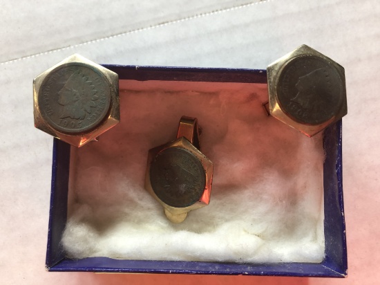 Indian Head Penny Cufflinks and Tie Bar