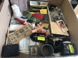 Box Lot, Religious Items, Cross Pen Set, Cloisonne, Postcards, etc.