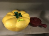 Yellow Covered Italian Pottery Dish & Red Covered Individual Soup