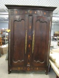 Antique Carved and Paint Decorated Oak Armoire