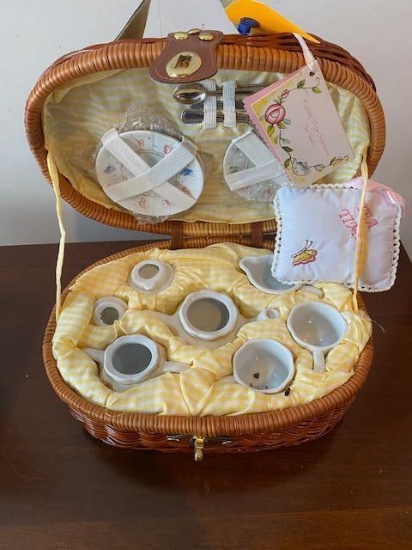 Delton Fine China Collectible Miniature Tea Set in wicker case
