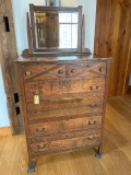 Two Drawer over Four Drawer Oak Chest with Mirror Back