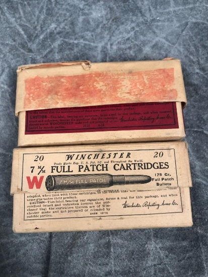 (2) Antique Winchester Two Piece 7mm Cartridge Boxes & (36) empty brass