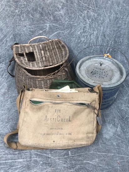 Arctic Creel with Maps, Minnow Bucket & Wicker Creel