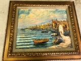 Mid Century European Harbor Scene Oil on Canvas Laid Down