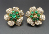 18K Yellow Gold, Diamond and Emerald Flower Form Clip-On Earrings