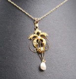 10K Yellow Gold, Diamond & Pearl Pendant