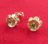 Pair of 14K Yellow Gold & Emerald Flower Earrings