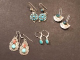 (4) Sterling Silver Earrings, Turquoise & Coral
