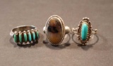 (3) Sterling Rings with Turquoise & Quartz