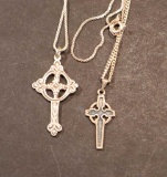 (2) Sterling Cross Pendants on Chains, (1) 16