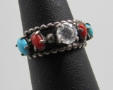 Sterling Silver, CZ, Turquoise & Red Coral Ring