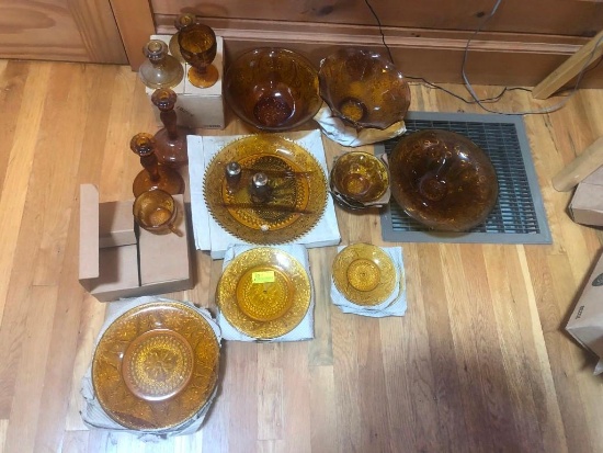 Tiara Amber Pressed Glass Service for Four
