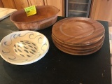 Stoneware Large Roaster  (5) wooden chargers, (1) Pottery Serving Platter