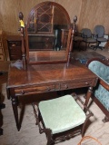 Mahogany Mirror Back Drop Leaf Vanity Table w/ Stool