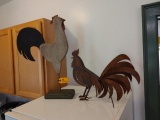 (2) Painted Folk Wood & Metal Decorative Roosters