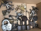 Box of Skeleton and Flat Keys and (7) Padlocks