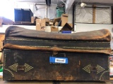 19th C Studded Black Leather Stagecoach Trunk