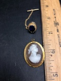 10K Gold Framed Cameo and 14K Tie Tack with Blue Stone