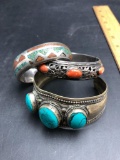 (3) Bracelets incl, Silver Inlaid Mosaic Turquoise (Zuni?)