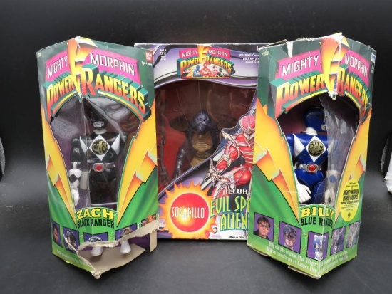 Lot of (3) 1993/1994 original Black & Blue Power Rangers + Soccadillo new in box w/ wear.