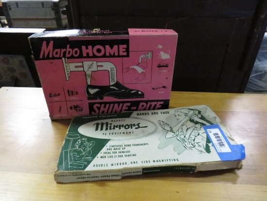 Vintage neck mirror in the box from the '50s/'60s & 1955 Marbo Home Shine Rite shoe shine kit in