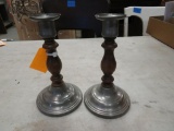 Pair of Pewter and Turned Wood Candlesticks