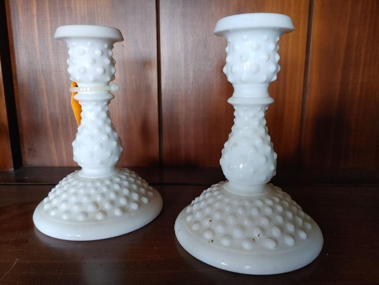 Pair Fenton Milk Glass Hobnail Candlesticks