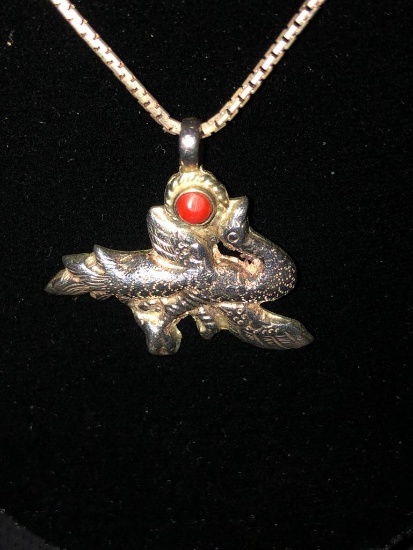 Sterling Silver Bird Pendant with Coral on 20" Sterling Silver Chain