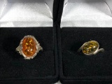 (2) Sterling Silver and Amber Rings