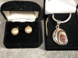 Sterling Silver & Agate Pendant & Chain and Pair of Screw Back Earrings