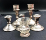 (5) Weighted Sterling Silver Candlesticks & Sterling Silver Base Toothpick