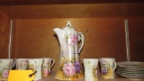 Painted China Coffee Pot with (6) Cups & Saucers