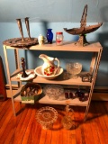 Asst. Pewter, China & Pressed Glass with Metal 3 Tier Shelf