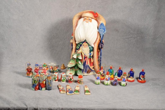 Russian Wood Carved Santa w/ Loose Gifts