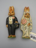 Vaillancourt Folk Art Pair of Rabbit Bride & Groom German Ceramic Figures