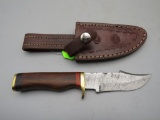 Damascus Fixed Blade Knife With Tooled Leather Sheath